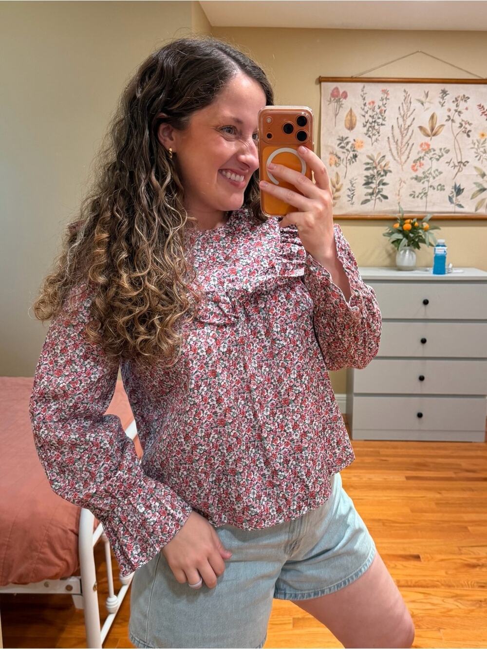 & Other Stories Red Floral Ruffle-Yoke Blouse 34 oversized Small